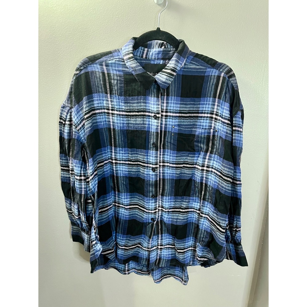 NWT Twelve 0 Two New York Blue Purple Plaid Flannel Button Down Womens Large